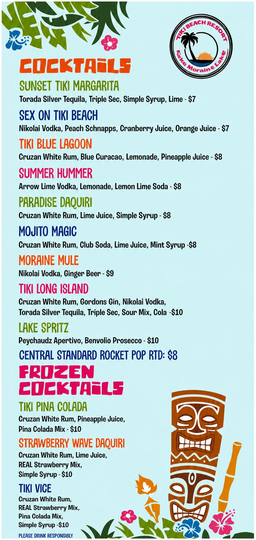Tiki Beach Resort cocktail and drink menu