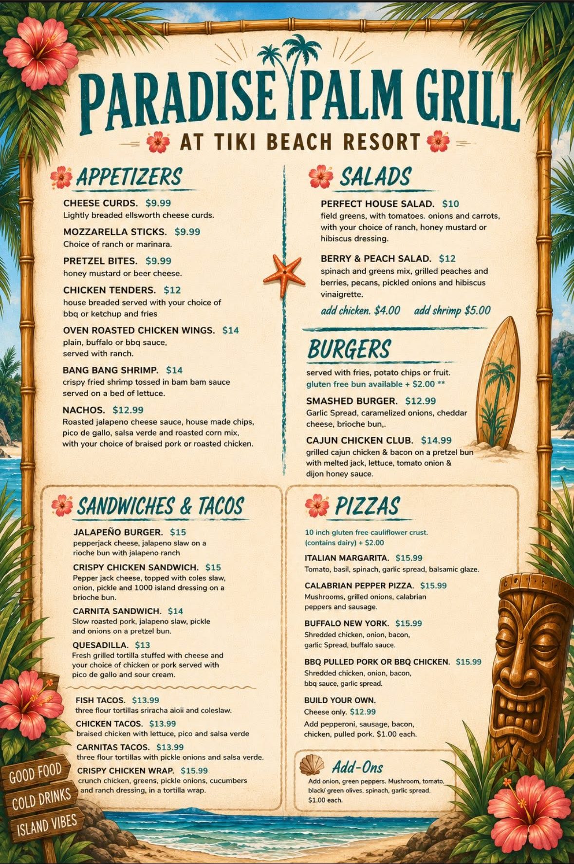 Tiki Beach Resort food menu