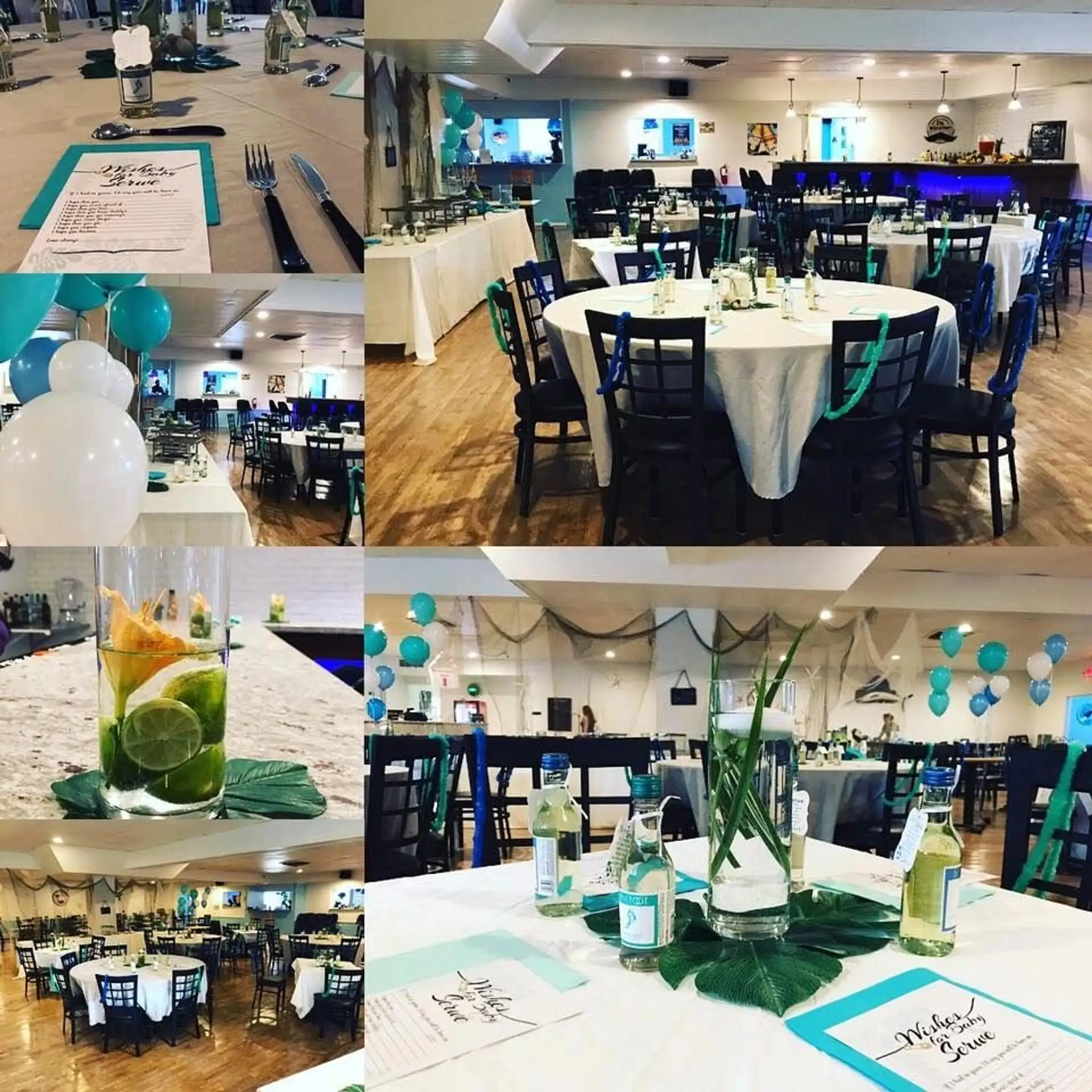 Banquet hall dressed in teal for a shower