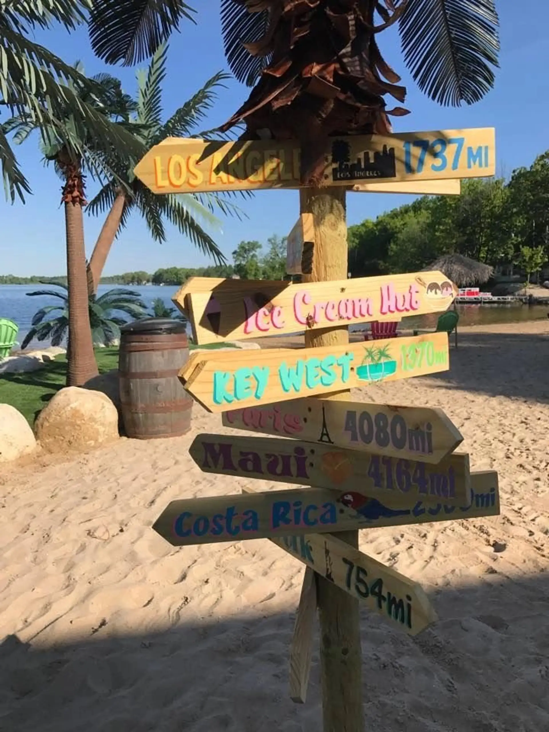 Hand-painted directional signpost on the beach pointing to Key West, Maui, and Costa Rica
